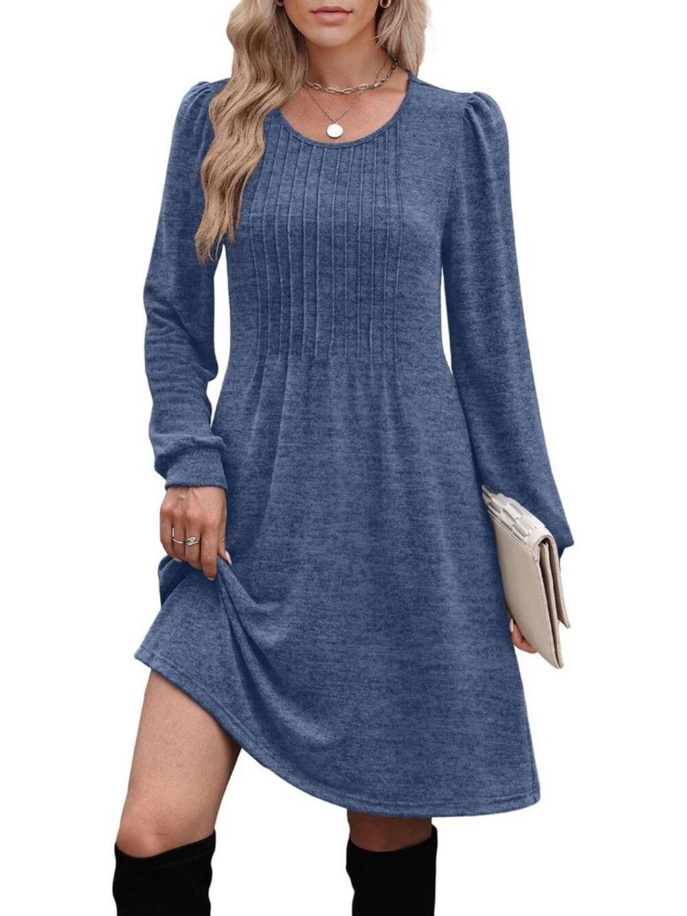Women's Dark Blue Pleated Crew Neck Pockets Fall Baby Doll Sweater Mini Dress - Picture 4 of 5